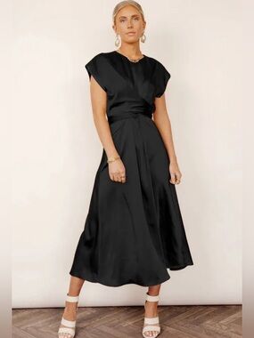 Böhme Black Midi Satin Dress with tie waist